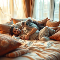 A cozy and intimate scene depicting a man lying down on a soft, plush bed