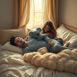 A cozy and intimate scene depicting a man lying down on a soft, plush bed