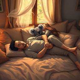 A cozy and intimate scene depicting a man lying down on a soft, plush bed