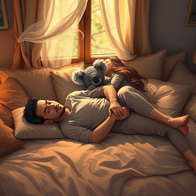 A cozy and intimate scene depicting a man lying down on a soft, plush bed
