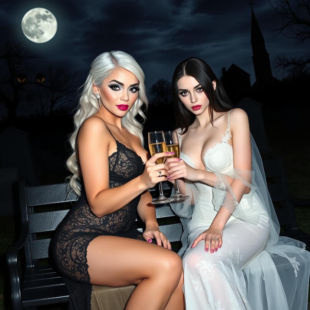 A very beautiful, attractive, stunning, curvy shapely girl with white hair, dressed in a tight low-cut long black lace gown