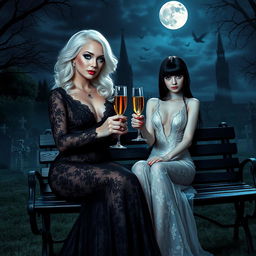 A very beautiful, attractive, stunning, curvy shapely girl with white hair, dressed in a tight low-cut long black lace gown