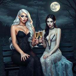 A very beautiful, attractive, stunning, curvy shapely girl with white hair, dressed in a tight low-cut long black lace gown