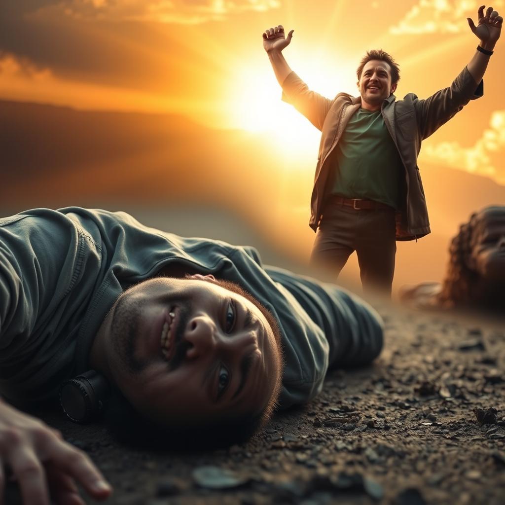 A dynamic depiction of a man lying on the ground in a dramatic pose, exuding vulnerability and despair, with his facial expression showing struggle