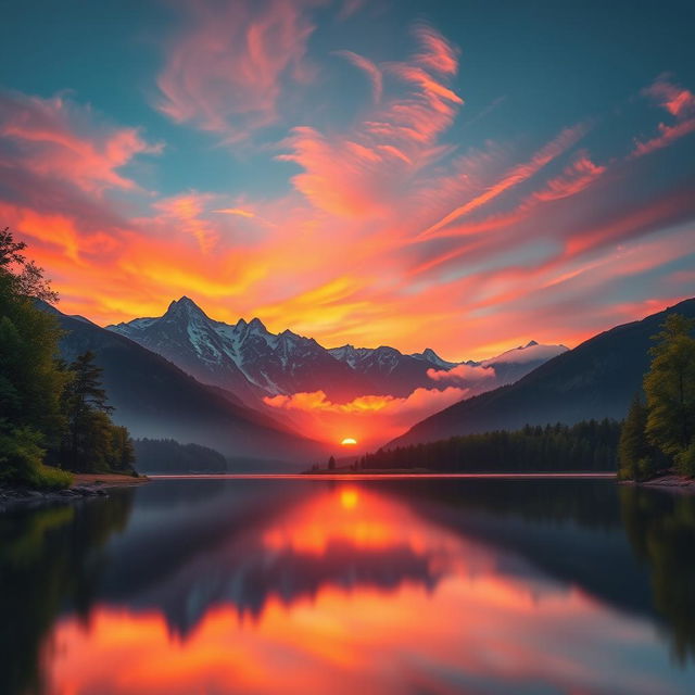 A high-resolution image of a majestic sunrise over serene mountains, with vibrant orange and pink hues reflecting on a still lake in the foreground