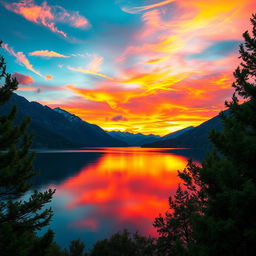 A high-resolution image of a majestic sunrise over serene mountains, with vibrant orange and pink hues reflecting on a still lake in the foreground