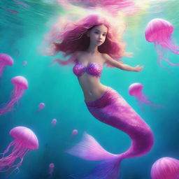 The enchanting mermaid now notices a young boy struggling beneath the waves. With swift grace, she navigates through the electric pink jellyfish, swimming quickly to his rescue.