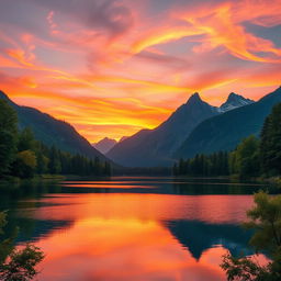 A high-resolution image of a majestic sunrise over serene mountains, with vibrant orange and pink hues reflecting on a still lake in the foreground