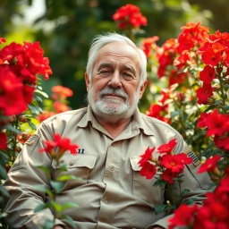 An elderly army man sitting peacefully among vibrant red flowers, wearing khaki 5