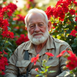 An elderly army man sitting peacefully among vibrant red flowers, wearing khaki 5