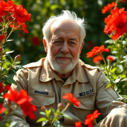 An elderly army man sitting peacefully among vibrant red flowers, wearing khaki 5