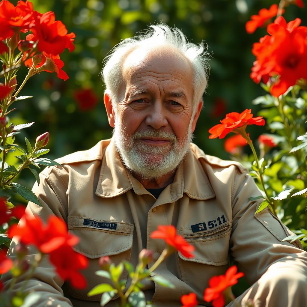 An elderly army man sitting peacefully among vibrant red flowers, wearing khaki 5