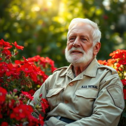 An elderly army man sitting peacefully among vibrant red flowers, wearing khaki 5