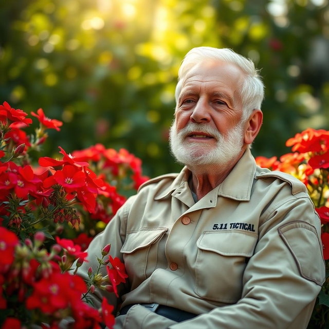 An elderly army man sitting peacefully among vibrant red flowers, wearing khaki 5