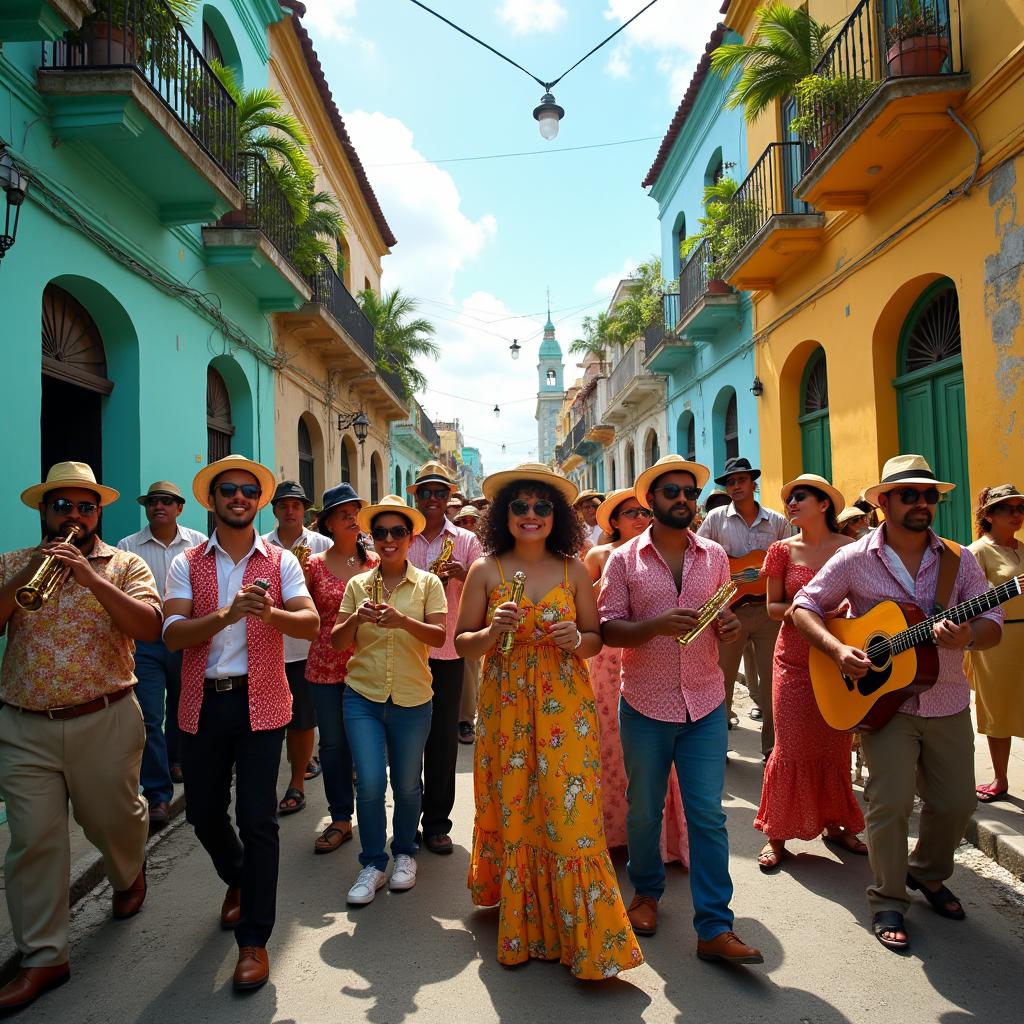 A vibrant Cuban band performing lively music on a colorful street in Havana