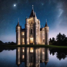 A breathtaking silver castle under a starry sky with one light illuminating an ornate window.