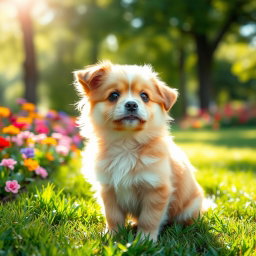 A cute, fluffy dog sitting outdoors in a sunlit park