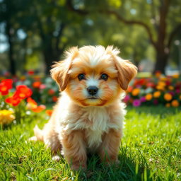 A cute, fluffy dog sitting outdoors in a sunlit park