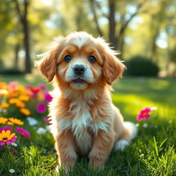 A cute, fluffy dog sitting outdoors in a sunlit park