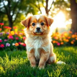 A cute, fluffy dog sitting outdoors in a sunlit park
