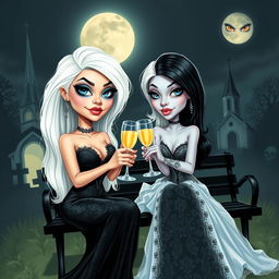 A caricature of a very beautiful, stunning, curvy girl with white hair, dressed in a tight low-cut long black lace gown