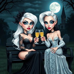A caricature of a very beautiful, stunning, curvy girl with white hair, dressed in a tight low-cut long black lace gown