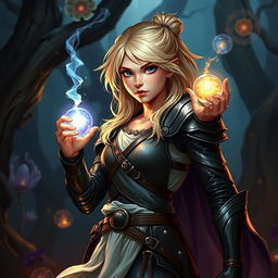 A young blond human female Dungeons & Dragons character, depicted in a dynamic pose showcasing her confidence and determination