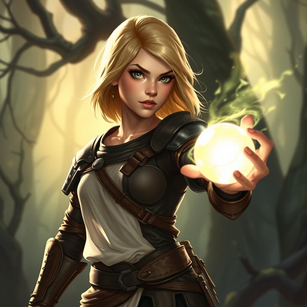 A young blond human female Dungeons & Dragons character, depicted in a dynamic pose showcasing her confidence and determination