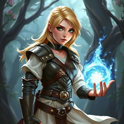 A young blond human female Dungeons & Dragons character, depicted in a dynamic pose showcasing her confidence and determination