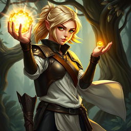 A young blond human female Dungeons & Dragons character, depicted in a dynamic pose showcasing her confidence and determination