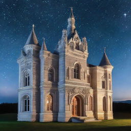 A breathtaking silver castle under a starry sky with one light illuminating an ornate window.