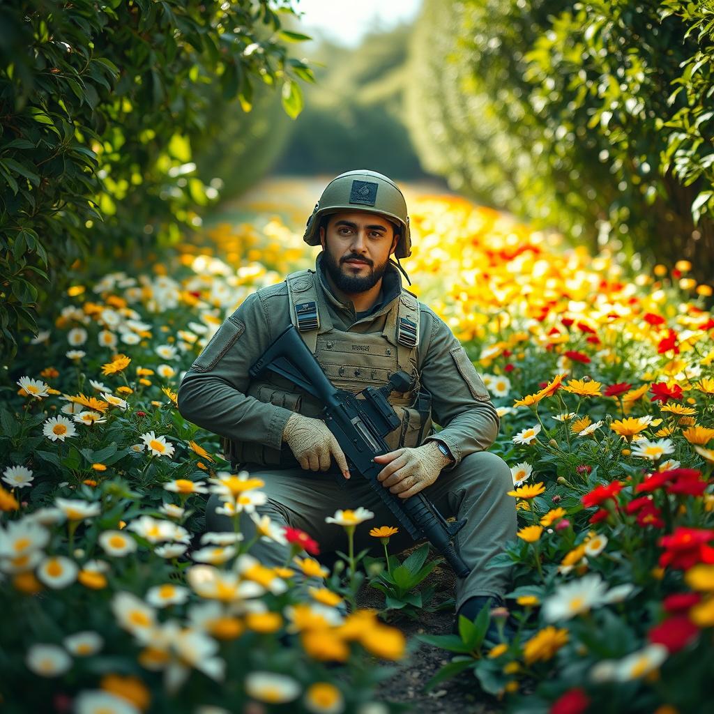 An Iranian soldier sitting in the middle of a garden filled with vibrant white, yellow, and red flowers, wearing tactical attire