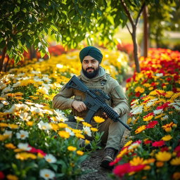 An Iranian soldier sitting in the middle of a garden filled with vibrant white, yellow, and red flowers, wearing tactical attire