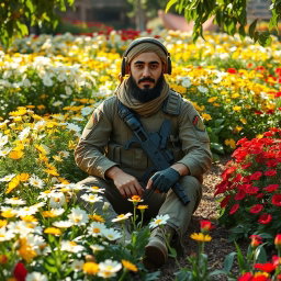 An Iranian soldier sitting in the middle of a garden filled with vibrant white, yellow, and red flowers, wearing tactical attire