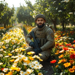 An Iranian soldier sitting in the middle of a garden filled with vibrant white, yellow, and red flowers, wearing tactical attire