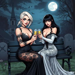 A realistic comic book version of a very beautiful, attractive, stunning, curvy shapely girl with white hair, dressed in a tight low-cut long black lace gown