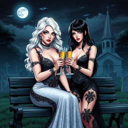 A realistic comic book version of a very beautiful, attractive, stunning, curvy shapely girl with white hair, dressed in a tight low-cut long black lace gown