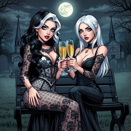 A realistic comic book version of a very beautiful, attractive, stunning, curvy shapely girl with white hair, dressed in a tight low-cut long black lace gown