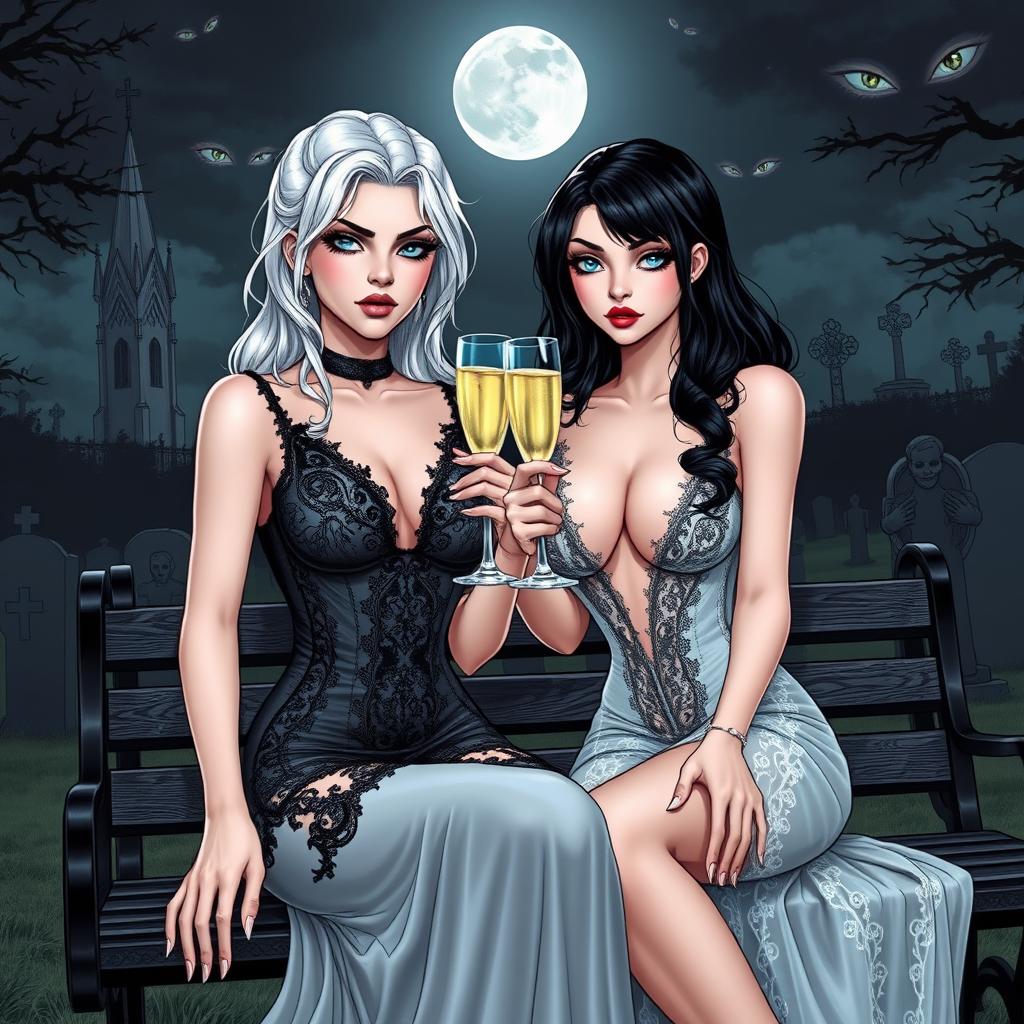 A realistic comic book version of a very beautiful, attractive, stunning, curvy shapely girl with white hair, dressed in a tight low-cut long black lace gown
