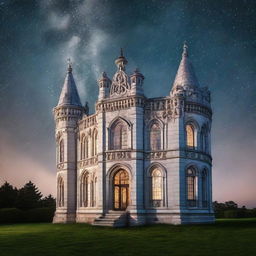 A breathtaking silver castle under a starry sky with one light illuminating an ornate window.