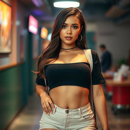 A beautiful 25-year-old woman dressed in a provocative student outfit stands front-facing to the camera, showcasing her bold neckline and voluptuous figure