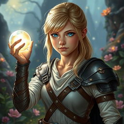 A young blond human female Dungeons & Dragons character, characterized by her striking blue eyes that convey both strength and curiosity