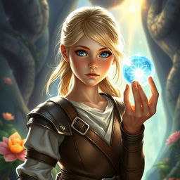 A young blond human female Dungeons & Dragons character, characterized by her striking blue eyes that convey both strength and curiosity