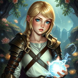 A young blond human female Dungeons & Dragons character, characterized by her striking blue eyes that convey both strength and curiosity