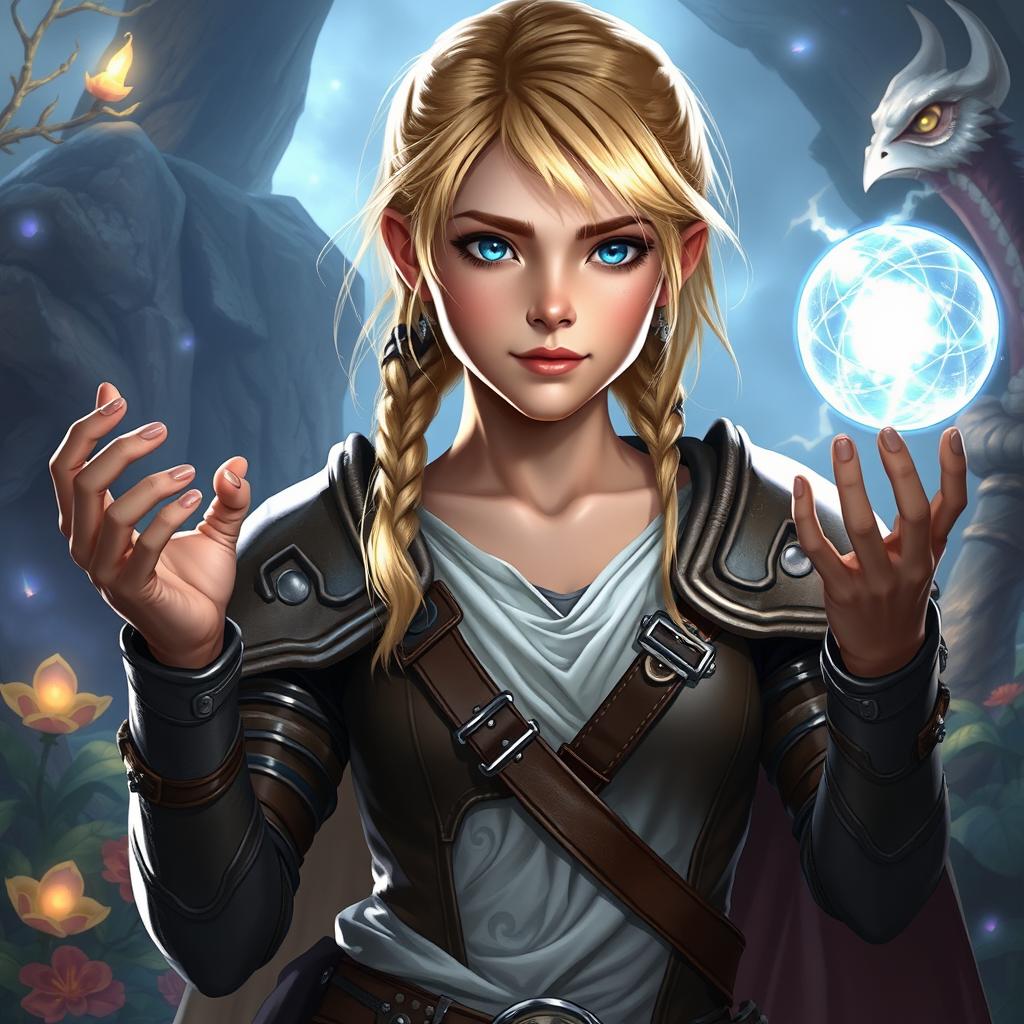 A young blond human female Dungeons & Dragons character, characterized by her striking blue eyes that convey both strength and curiosity