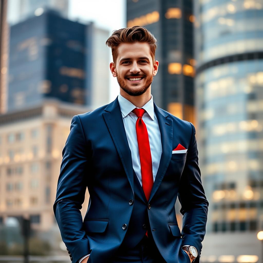 A stylish man in a sharp tailored suit, poised confidently with a charming smile