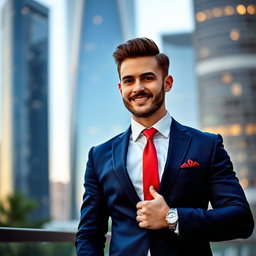 A stylish man in a sharp tailored suit, poised confidently with a charming smile