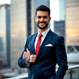 A stylish man in a sharp tailored suit, poised confidently with a charming smile