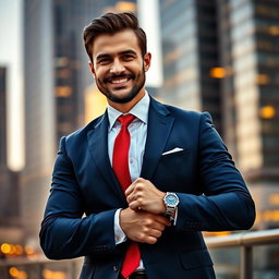 A stylish man in a sharp tailored suit, poised confidently with a charming smile