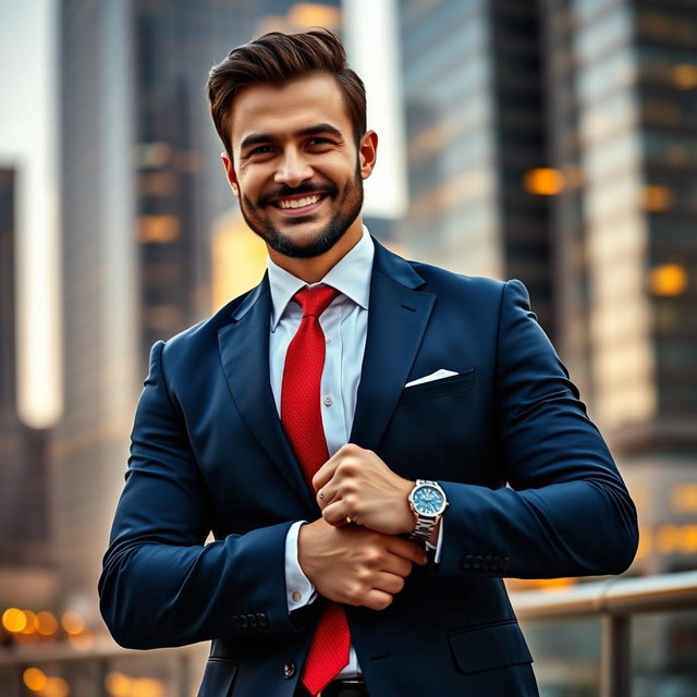 A stylish man in a sharp tailored suit, poised confidently with a charming smile